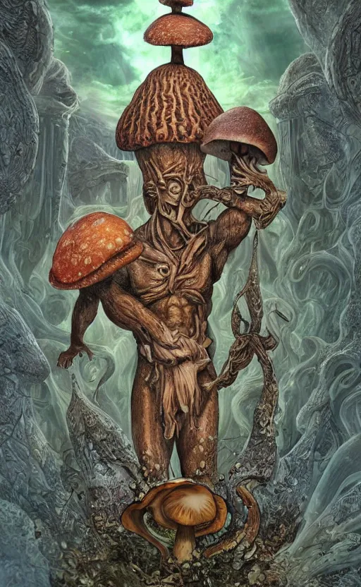 Image similar to a hyperdetailed dnd tarot card design, magnificent shrigma the mushroom deity as depicted in a colossal marble statue ( with godlike bodybuilder physique ) left by ancient greeks, hd tarot card depicting eldritch statue of a mushroom god with cute large mushroom hat, hdr, 8 k, dslr, surreal photo, artstation