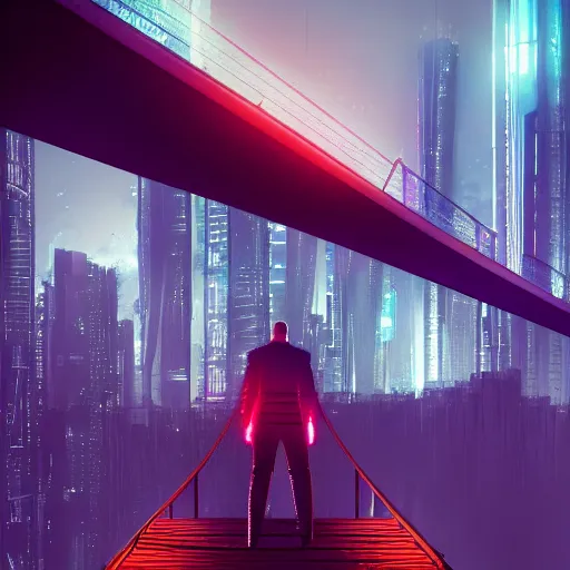 Image similar to a man standing on top of a bridge over a city, cyberpunk art by Vincent Lefevre, behance contest winner, altermodern, cityscape, synthwave, matte painting