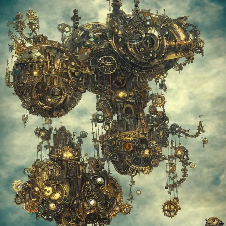 Image similar to flying city in a mechanical flower, sky!, fantasy art, steampunk, masterpiece, behrens style