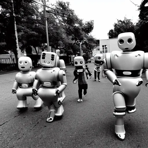 Image similar to in the style of 1960s, A scary robot is chasing after a bunch of scared kids down the street, fully detailed , fully detailed kids faces in focus