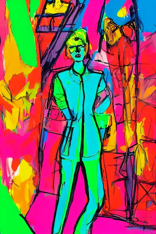 Image similar to a scene with a character wearing a super colorful fluo suit, vivienne westwood, 2 0's fashion illustration