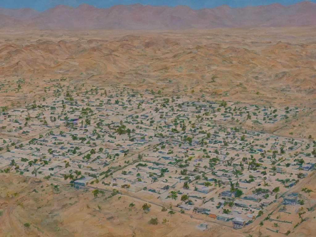 Prompt: landscape, bird view, large Trailer park in the desert near the oasis with a reservoir and rednecks, painting by Alison Elizabeth Taylor