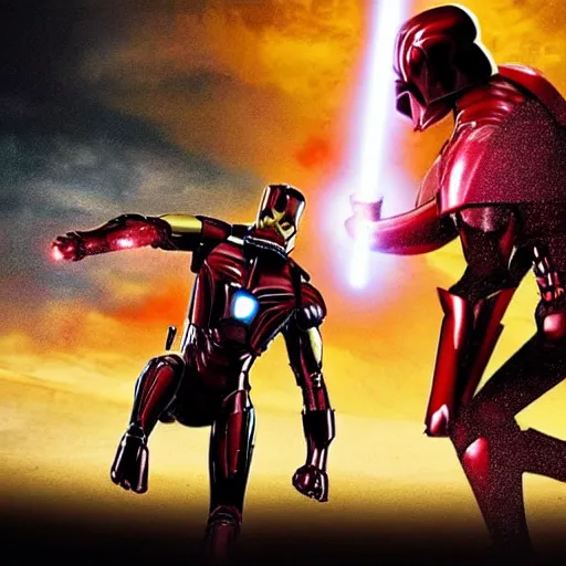 Image similar to iron man vs. darth vader, battle scene, movie scene, cinematic,