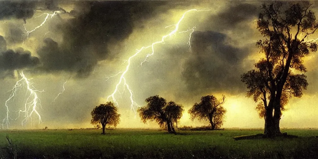 Image similar to lightning strikes a tree in the middle of a field, painting By Alexei Savrasov,