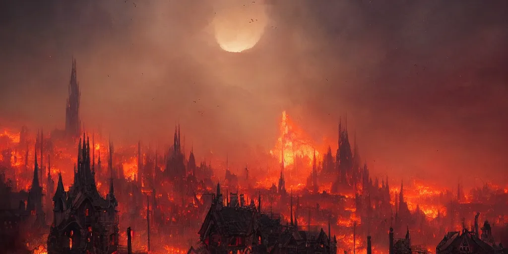 Image similar to A fantasy city completely covered in fire, rising smoke, dark fantasy, nighttime, detailed crimson moon, hyper realistic, by greg rutkowski, trending on artstation