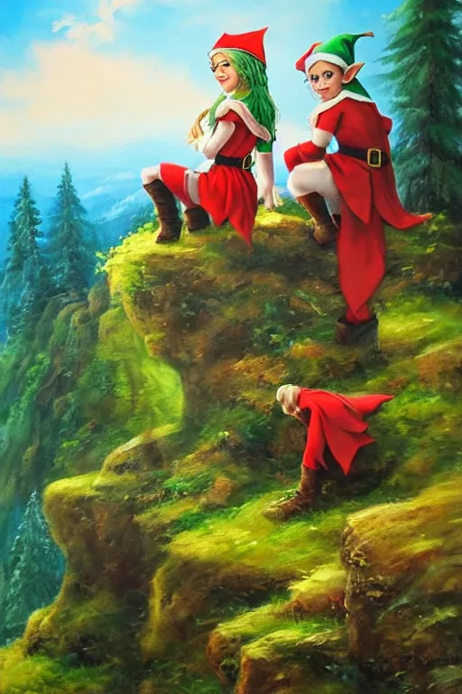 Prompt: a splash painting of a cute elf and dwarf sitting on the edge of a hill, beautiful nature, beautiful landscape