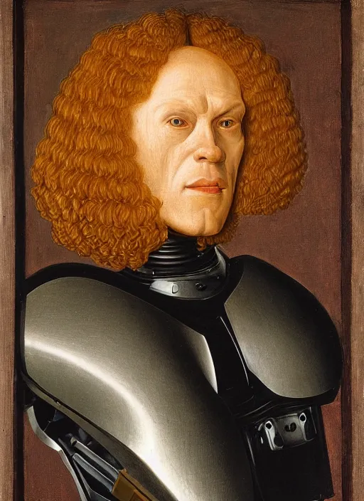 Image similar to a portrait of Robocop by Jan van Eyck