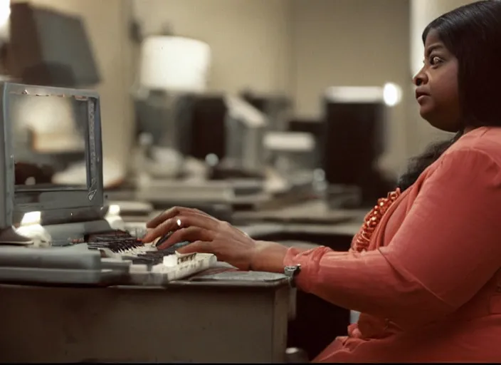 Prompt: cinematic shot of octavia spencer in an small used electronics store hands on an old electronic keyboard, iconic scene from the paranoid thriller sci fi film directed by stanley kubrick, anamorphic cinematography, beautiful composition, color theory, leading lines, photorealistic, volumetric lighting, hyper detailed 4 k image,