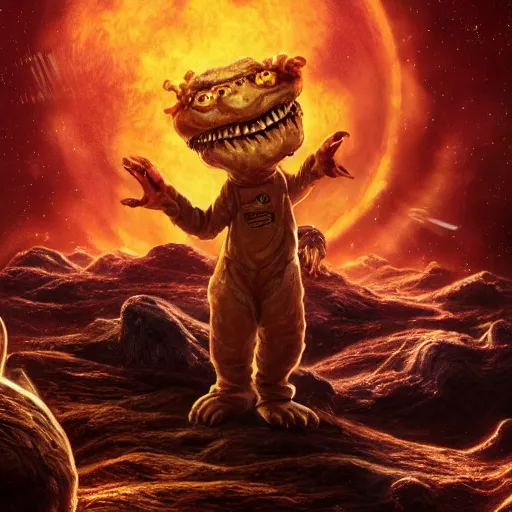 Image similar to one eldritch horror bloody garfield in space, galaxy, hd, 8 k, giant, epic, realistic photo, unreal engine, stars, prophecy, powerful, cinematic lighting, destroyed planet, debris, violent, sinister, ray tracing, dynamic, print, epic composition, dark, horrific, teeth, grotesque, scary, black ink drawing