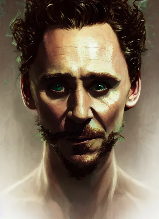 Image similar to portrait of tom hiddleston as a vampire lord, jewelry, greek, emerald, intricate, headshot, highly detailed, digital painting, artstation, concept art, sharp focus, cinematic lighting, illustration, art by artgerm and greg rutkowski, alphonse mucha, cgsociety