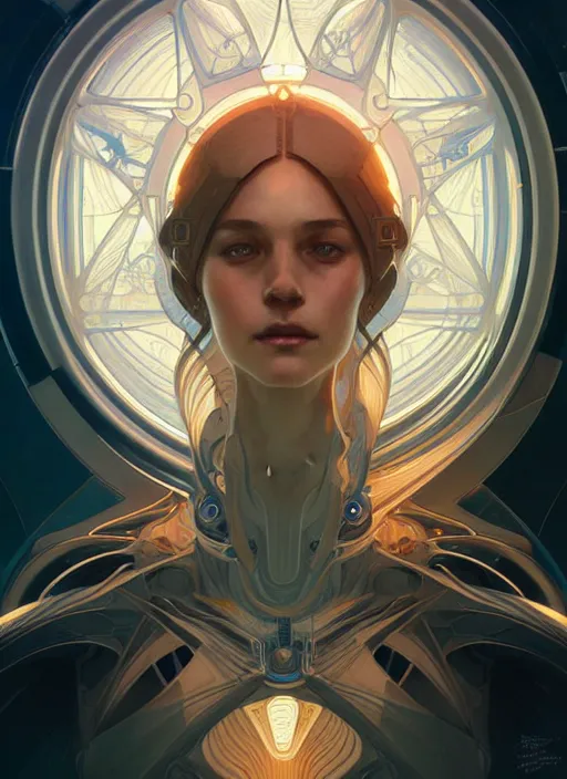 Image similar to symmetry, girl in a spaceship intricate, elegant, highly detailed, digital painting, artstation, concept art, smooth, sharp focus, illustration, art by artgerm and greg rutkowski and alphonse mucha