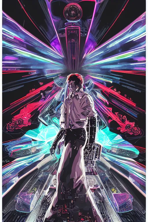 Image similar to white arc-angel with mystic robotic wings, blade runner, akira, ghost in the shell, 2077, style of Laurie Greasley and Satoshi Kon + symmetric lights and smoke, psychedelic effects , glowing particles, neon rain, glowing runes, de-noise, symmetrical composition, high detailed + tarot card, ornate border, 8k