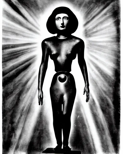 Image similar to a black and white photo of a divine cyborg in the style of dora maar,