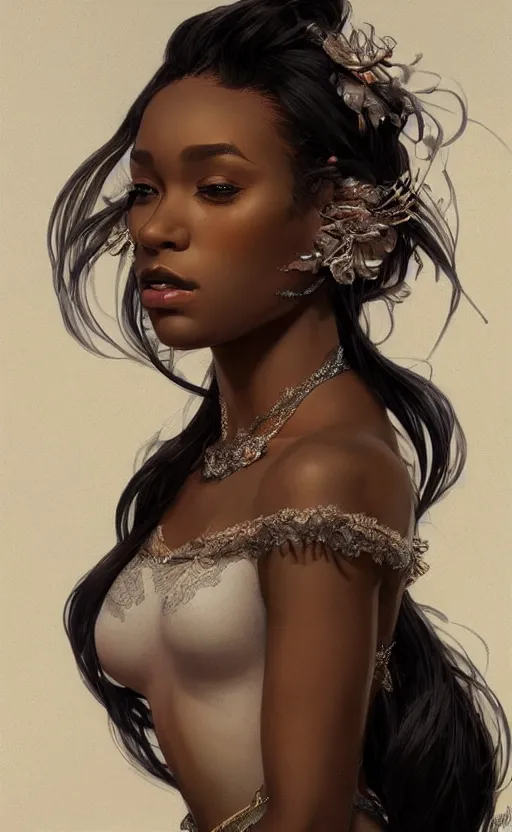 Image similar to a portrait of an attractive young Black female, beautiful long hair, clothed like a femme fatale, intricate, elegant, highly detailed, digital painting, trending on artstation, concept art, smooth, sharp focus, illustration, art by artgerm and greg rutkowski and alphonse mucha