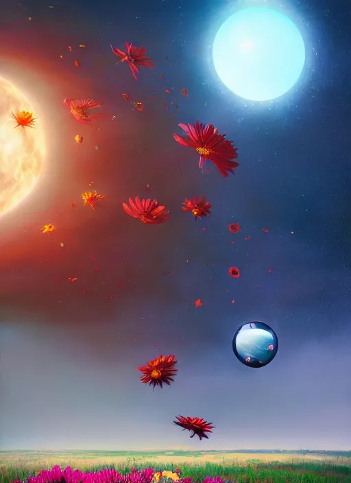 Image similar to An epic fantastic realism comic book style painting of the most beautiful flowers launched into space, bouquets, solar eclipse, fisheye, unreal 5, DAZ, hyperrealistic, octane render, dynamic lighting