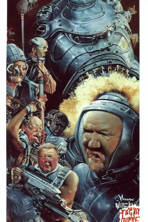 Image similar to focus on ray winstone as a fat scifi warrior exploring an alien temple, by norman rockwell and boris vallejo