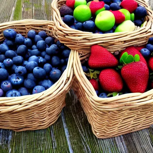 Image similar to 3 baskets filled with 3 different fruits, the left basket filled with strawberries, the middle basket filled with blueberries, the right basket filled with apples