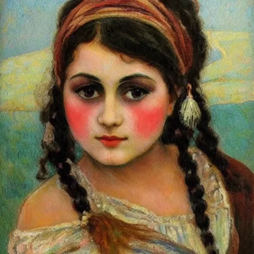 Image similar to gypsy girl, dark hair, jugendstil