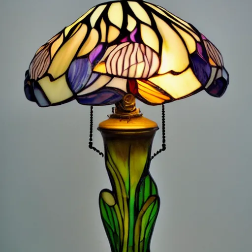 Image similar to beautifully detailed victorian art nouveau mushroom shaped tiffany lampshade, river reeds duckweeds close up abstract mallard feathers rubber leaves foliage, mucha tiffany kilian eng