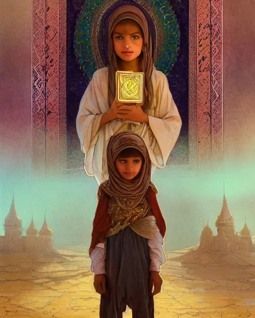 Image similar to a bedouin child infront of an big open quran highly detailed, gold filigree, romantic storybook fantasy, soft cinematic lighting, award, disney concept art watercolor illustration by mandy jurgens and alphonse mucha and alena aenami, pastel color palette, featured on artstation