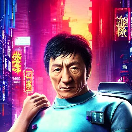 Image similar to jackie chan portrait, Cyberpunk 2077, cyberpsycho, photorealistic, ultra detailed, neon, octane, bokeh, cyber, cyberpunk city, feature, scars, cyberface, 8k