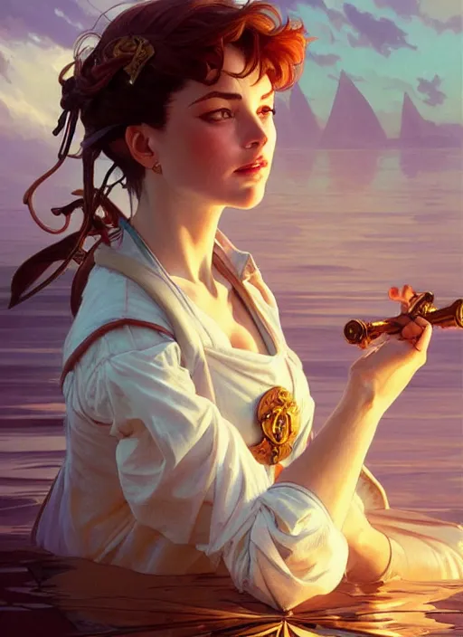 Image similar to sailor on its boat, fantasy, highly detailed, digital painting, artstation, concept art, wallpaper, smooth, sharp focus, illustration, art by artgerm and greg rutkowski and alphonse mucha