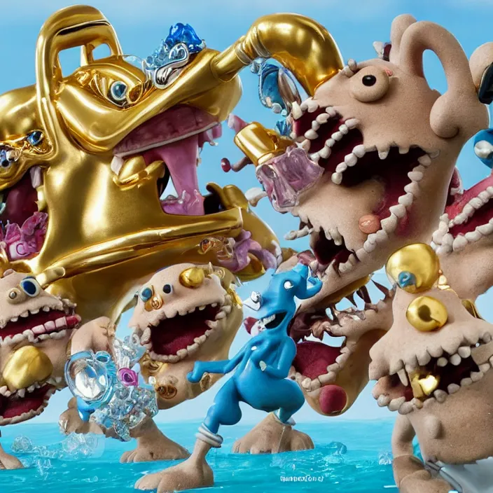 Image similar to jeff koons hip hop style street sharks wearing diamond grillz and a ton of bussdown iced gold bling in wallace & gromit claymation, ultra realistic, concept art, intricate details, serious, highly detailed, photorealistic, octane render, 8 k, unreal engine, art by todd mcfarlane and artgerm and greg rutkowski and alphonse mucha