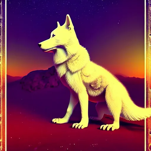 Prompt: alaskan husky creature creature in a desert lush oasis, warm tones, bioluminescent bioluminescent translucent translucent : : by guillermo del toro, daniel merriam, victo ngai and michal karcz : : ornate, dynamic, particulate, intricate, elegant, highly detailed, centered, artstation, smooth, sharp focus, octane render