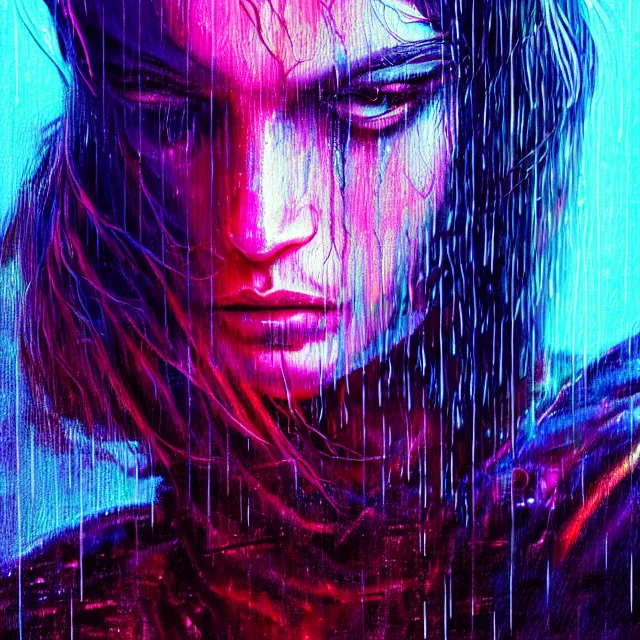 Image similar to bright aesthetic portrait LSD glowing backlit rain on face and wet hair, cyberpunk, overhead lighting, fantasy, intricate, elegant, dramatic lighting, highly detailed, lifelike, photorealistic, digital painting, artstation, illustration, concept art, smooth, sharp focus, art by John Collier and Albert Aublet and Krenz Cushart and Artem Demura and Alphonse Mucha