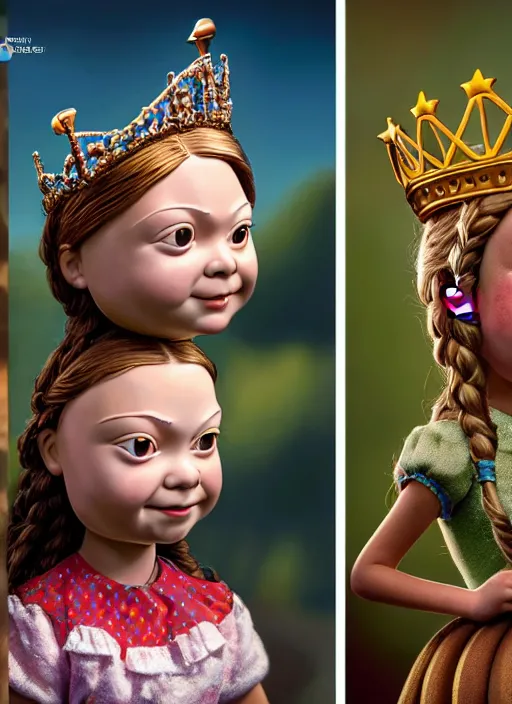 Image similar to highly detailed closeup, face profile portrait of greta thunberg as a tin toy fairytale princess wearing a crown eating cakes, bikini, unreal engine, nicoletta ceccoli, mark ryden, earl norem, lostfish, global illumination, detailed and intricate environment