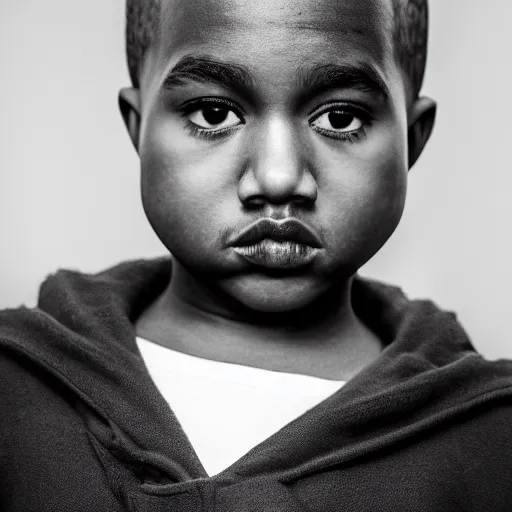 Prompt: the face of young kanye west wearing yeezy clothing at 1 2 years old, black and white portrait by julia cameron, chiaroscuro lighting, shallow depth of field, 8 0 mm, f 1. 8