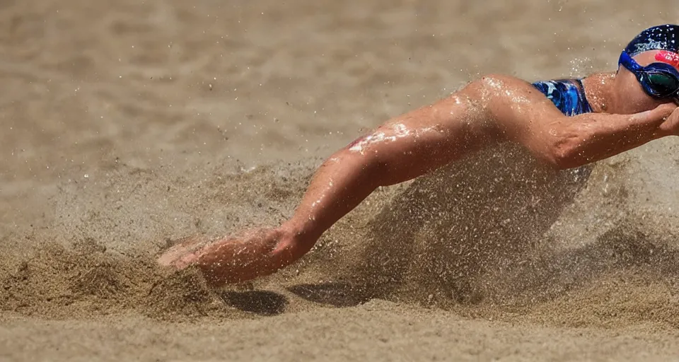 Image similar to olympic swimming in sand instead of water, extremely coherent, motion blur