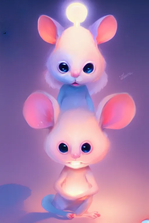 Image similar to super cute Bioluminescent mice character concept, soft light, soft mood, realistic body features and face, illustration, painting oil on canvas by Elena Zhurikhina and Goro Fujita and Charlie Bowater, octane render trending on artstation, 4k, 8k, HD