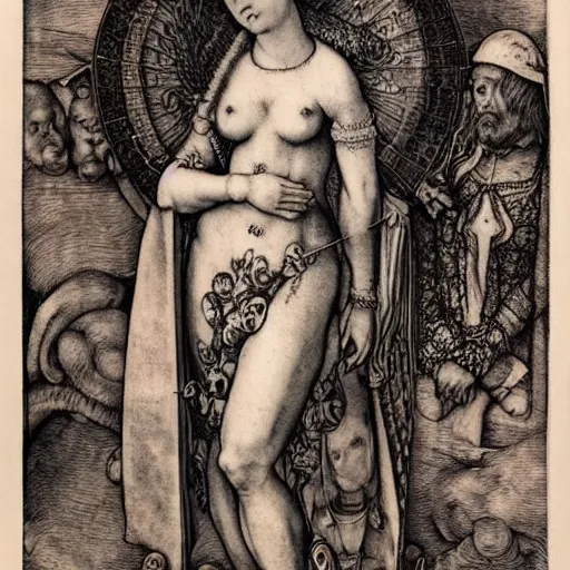 Image similar to albrecht durer, albrecht altdorfer, hans holbein, lucas cranach, gustave dore, engraving-style tattoo of regal female boddhisatva with the attributes of Diana, Athena, Guanyin, Shakti, Deborah, and Seshat, standing gracefully, wearing a robe