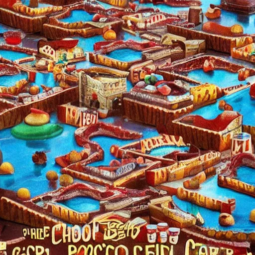 Image similar to A town made out of food with popcorn rain and chocolate ponds, in the style of Charlie and The Chocolate Factory, cgsociety