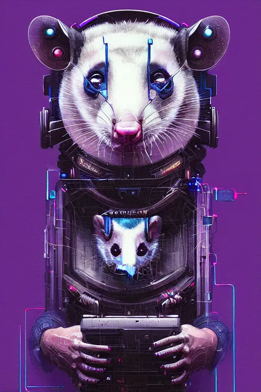 Image similar to a beautiful portrait of a cute cyberpunk opossum by sandra chevrier and greg rutkowski and wlop, purple blue color scheme, high key lighting, volumetric light, digital art, highly detailed, fine detail, intricate, ornate, complex, octane render, unreal engine, photorealistic