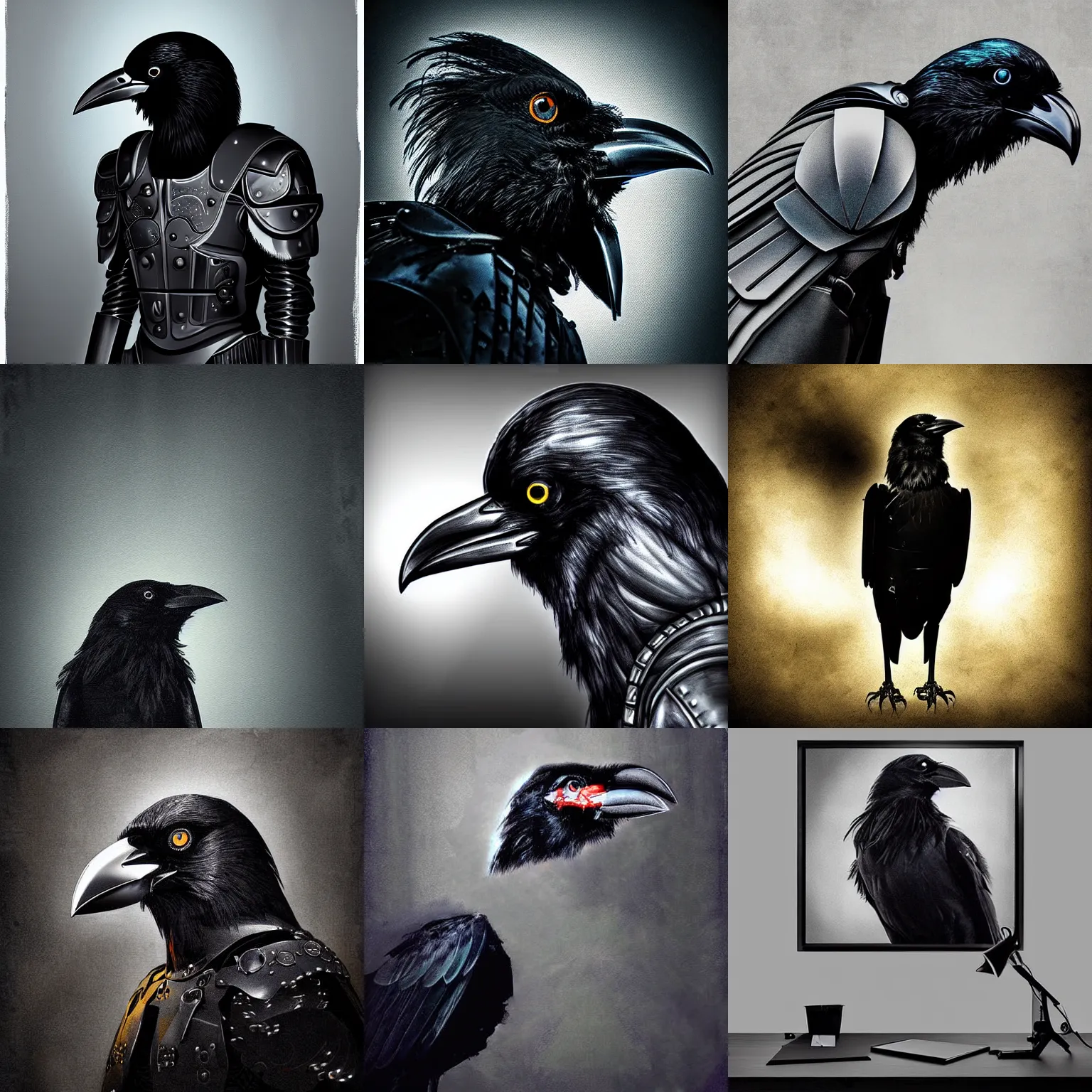 Prompt: crow in cyber armour, portrait, digital art, studio, realistic reflections, ominous lighting