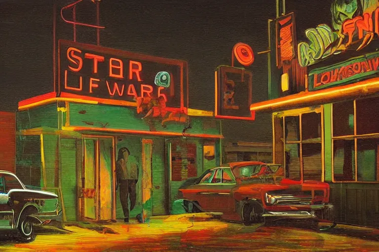 Image similar to scene from louisiana swamps, bar, neon cross, voodoo, artwork by tim eitel