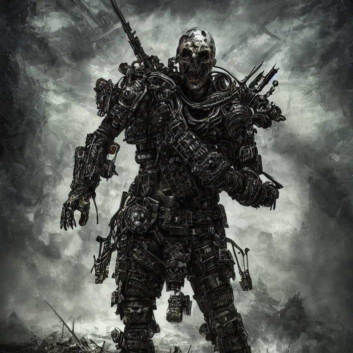 Image similar to apocalyptic man attached to machine weaponry, hyper - detailed, smooth, sharp focus, 4 k ultra hd, fantasy dark art, apocalyptic art