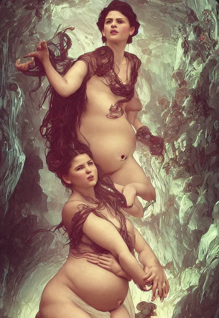 Image similar to epic pregnant woman talking to all her tribe with fluorescence bodies, proud people gather around the pregnant woman, fluorescence bodies, ice cave at night, intricate, elegant, highly detailed, digital painting, artstation, concept art, smooth, sharp focus, illustration, art by artgerm and greg rutkowski and alphonse mucha and william - adolphe bouguereau