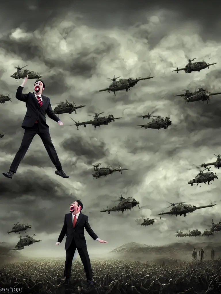 Prompt: a Comedian in suit and tie performing in a battle field with smiling dead bodies on the ground, comedian is funny, performing to dead soldiers, nuclear bomb cloud in far horizon, apocalypse, trending on artstation, artstationHD, hyperdetailed matte painting, highly detailed, digital painting, hyper-realistic, realistic, photo-realistic