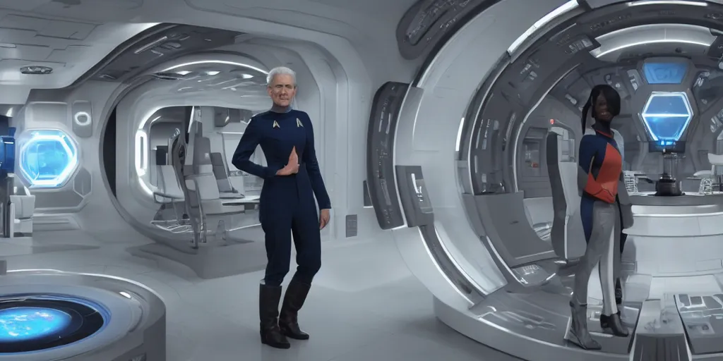 Prompt: a woman in a star trek uniform standing in front of a machine, a screenshot by René Auberjonois, cg society contest winner, retrofuturism, uhd image, elite, sci-fi