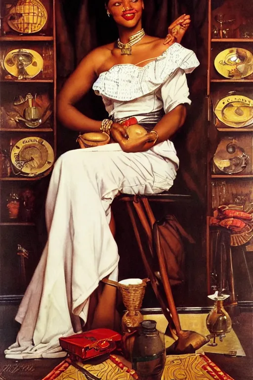 Image similar to an african queen by gil elvgren and norman rockwell and rob gonsalves, hyperrealistic, high detail