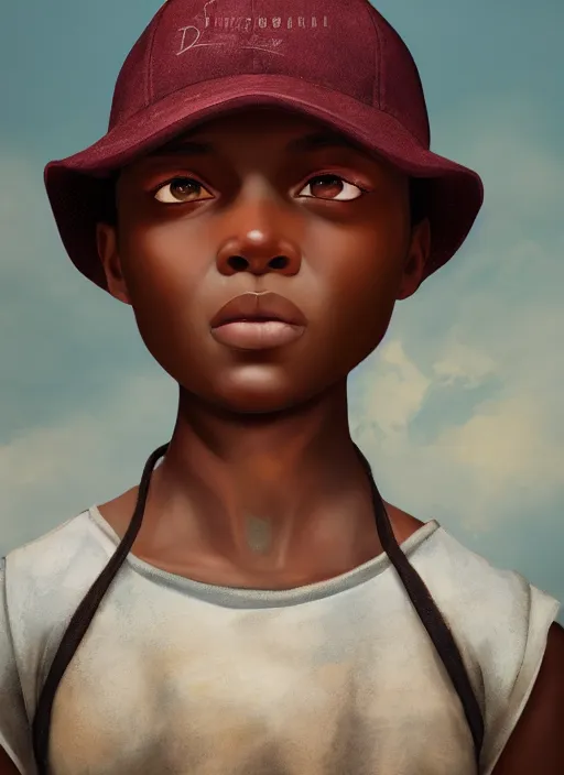 Image similar to An epic fantasy comic book style portrait painting of a young dark skinned girl with short hair dressed as a boy in a cap, unreal 5, DAZ, hyperrealistic, octane render, cosplay, RPG portrait, dynamic lighting