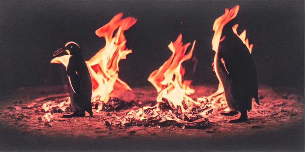 Prompt: detailed medium format photo, polaroid still from tarkovsky movie, penguin standing on burning hot coals, haze, high production value, intricate details, 8 k resolution, hyperrealistic, hdr, photorealistic, high definition, tehnicolor, award - winning photography, masterpiece, amazing colors