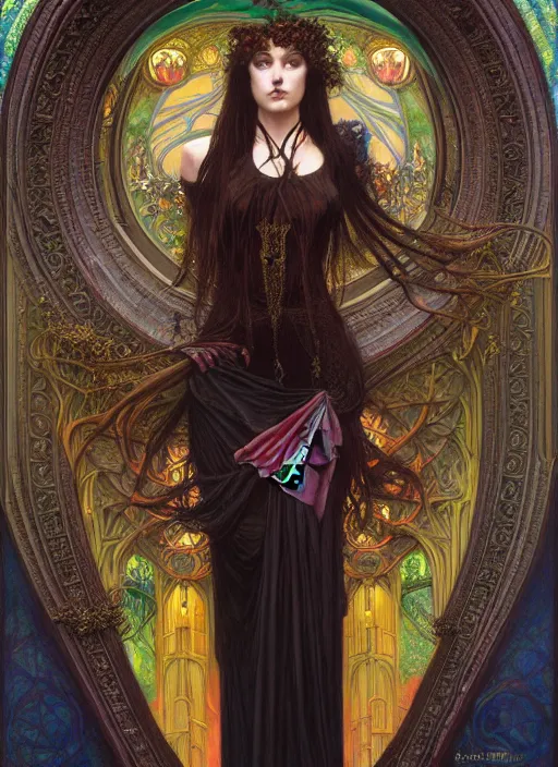 Prompt: hyper detailed masterpiece vampire girl duchess by donato giancola and tom bagshaw, face by artgerm and edmund leighton, and alphonse mucha, trending on artstation, colorful, psychedelic aesthetic, ornate, background by gustav klimt, 8 k, black gothic, majestic, volumetric lighting, porcelain skin, concept art, sharp focus