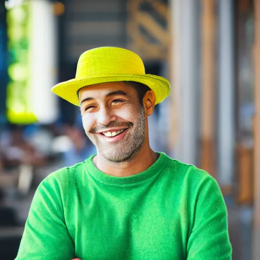 Image similar to A photo of smiling man with green skin in yellow hat