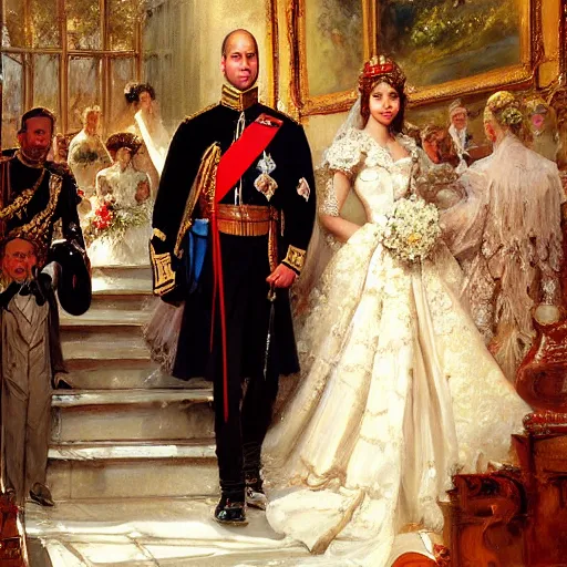 Image similar to detailed painting of prince william marrying attractive gigi hadid, highly detailed painting by gaston bussiere, craig mullins, j. c. leyendecker 8 k, watercolor, royal painting, painting, traditional art