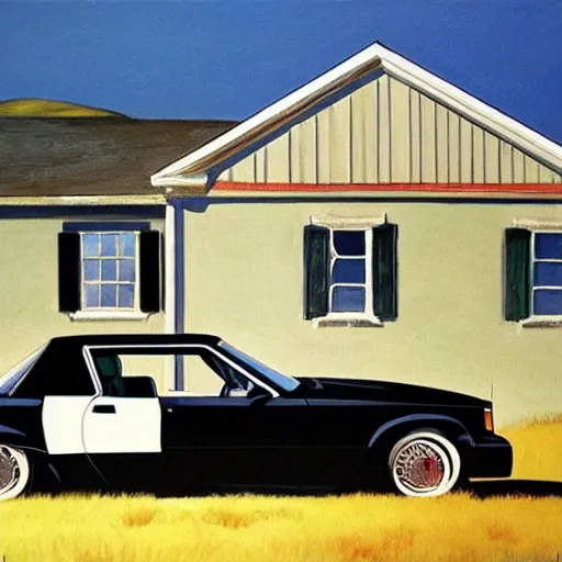 Prompt: a black 1990 Thunderbird super coupe parked in front of a rural farmhouse, painted by Edward hopper