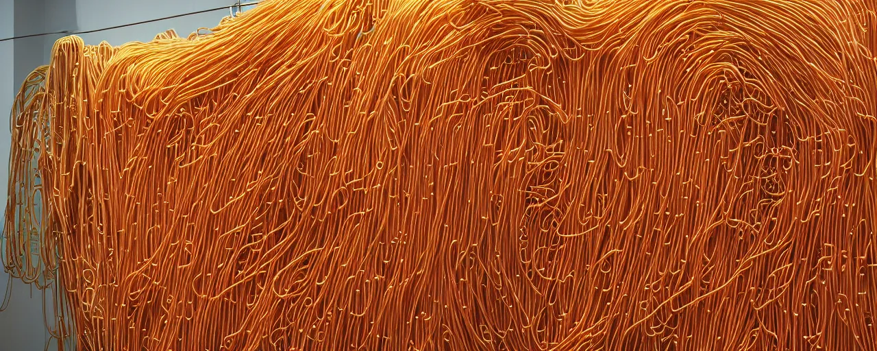 Image similar to famous sculpture made of spaghetti, at ny museum of modern art, in the style of damien hirst, kodachrome film, retro